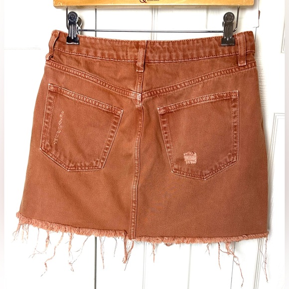 WE THE FREE People Bronze Distressed Denim Jean Mini Skirt Raw Hem Orange Rust - Picture 8 of 12